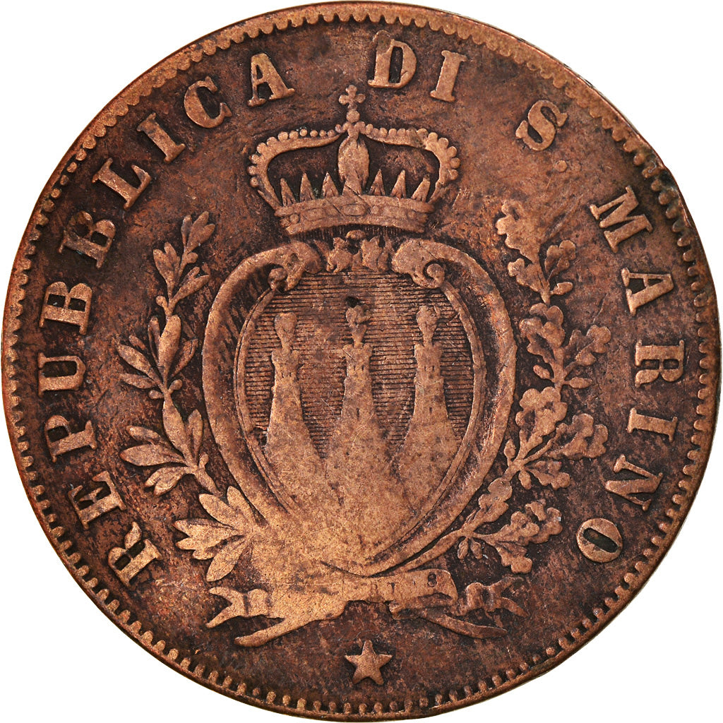 Coin, San Marino, 5 Centesimi, 1869, Rome, VF(30-35), Copper, KM:1