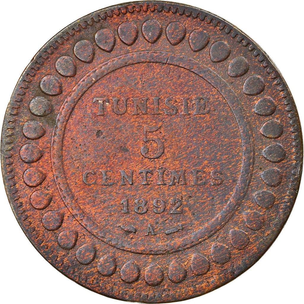 Moneda, Túnez, Ali Bey, 5 Centimes, 1892, Paris, BC+, Bronce, KM:221