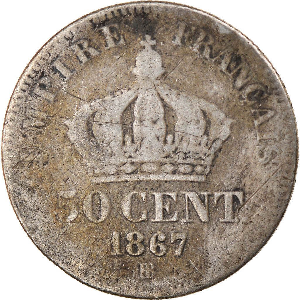 Moneda, Francia, Napoleon III, Napoléon III, 50 Centimes, 1867, Strasbourg, BC