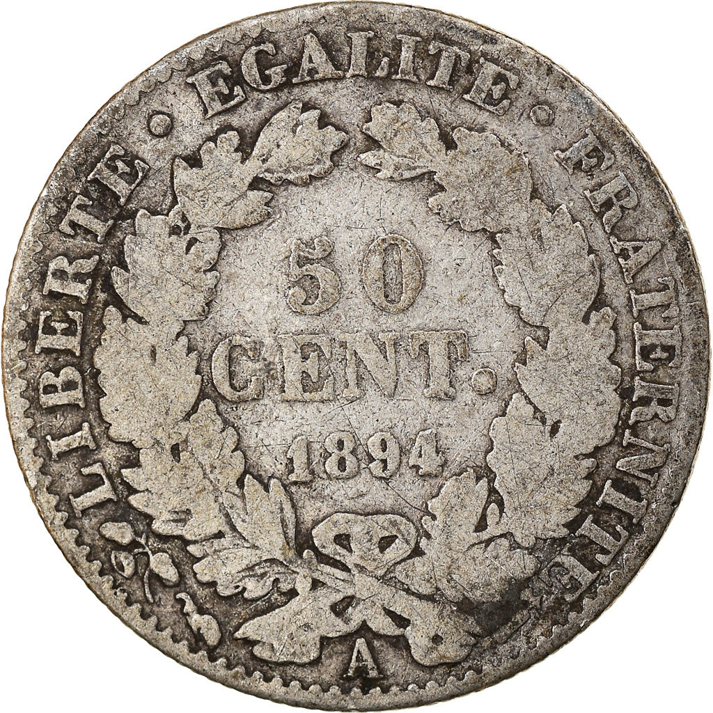 Moneta, Francia, Cérès, 50 Centimes, 1894, Paris, MB+, Argento, KM:834.1