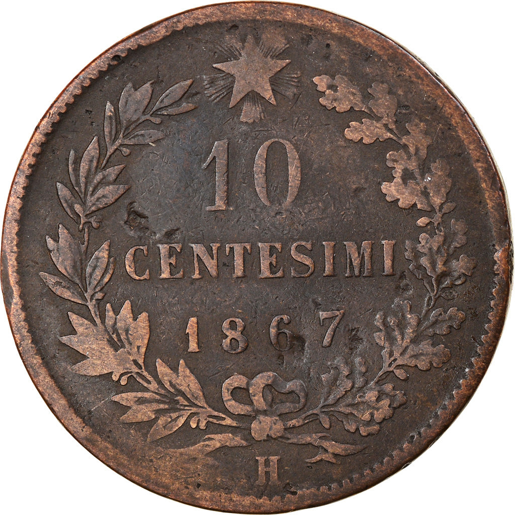 Moneda, Italia, Vittorio Emanuele II, 10 Centesimi, 1867, Birmingham, BC+