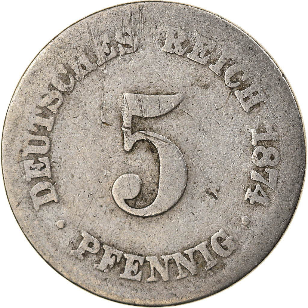 Moneda, ALEMANIA - IMPERIO, Wilhelm I, 5 Pfennig, 1874, Karlsruhe, BC+, Cobre -
