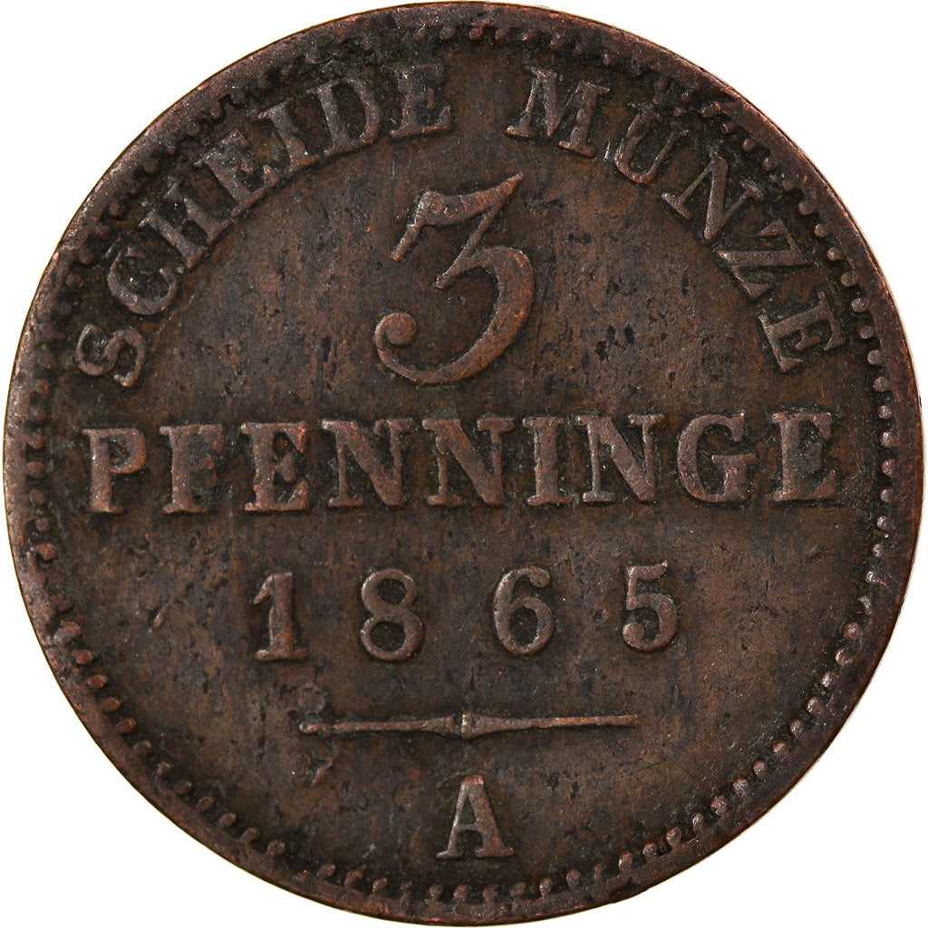 Munten, Duitse staten, PRUSSIA, Wilhelm I, 3 Pfennig, 1865, FR+, Koper, KM:482