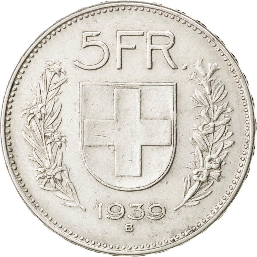 SWITZERLAND, 5 Francs, 1939, Bern, KM #40, AU(55-58), Silver, 31.45, 14.97