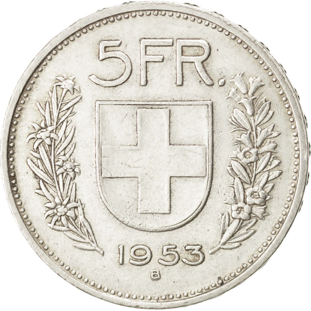 Switzerland, 5 Francs, 1953, Bern, KM #40, AU(50-53), Silver, 14.97