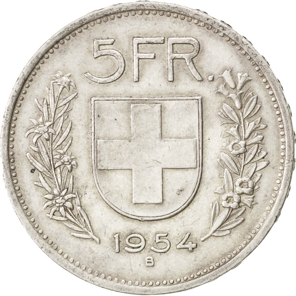 Coin, Switzerland, 5 Francs, 1954, Bern, AU(50-53), Silver, KM:40