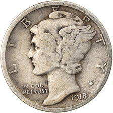 Moneta, Stati Uniti, Mercury Dime, Dime, 1918, U.S. Mint, Philadelphia, MB+
