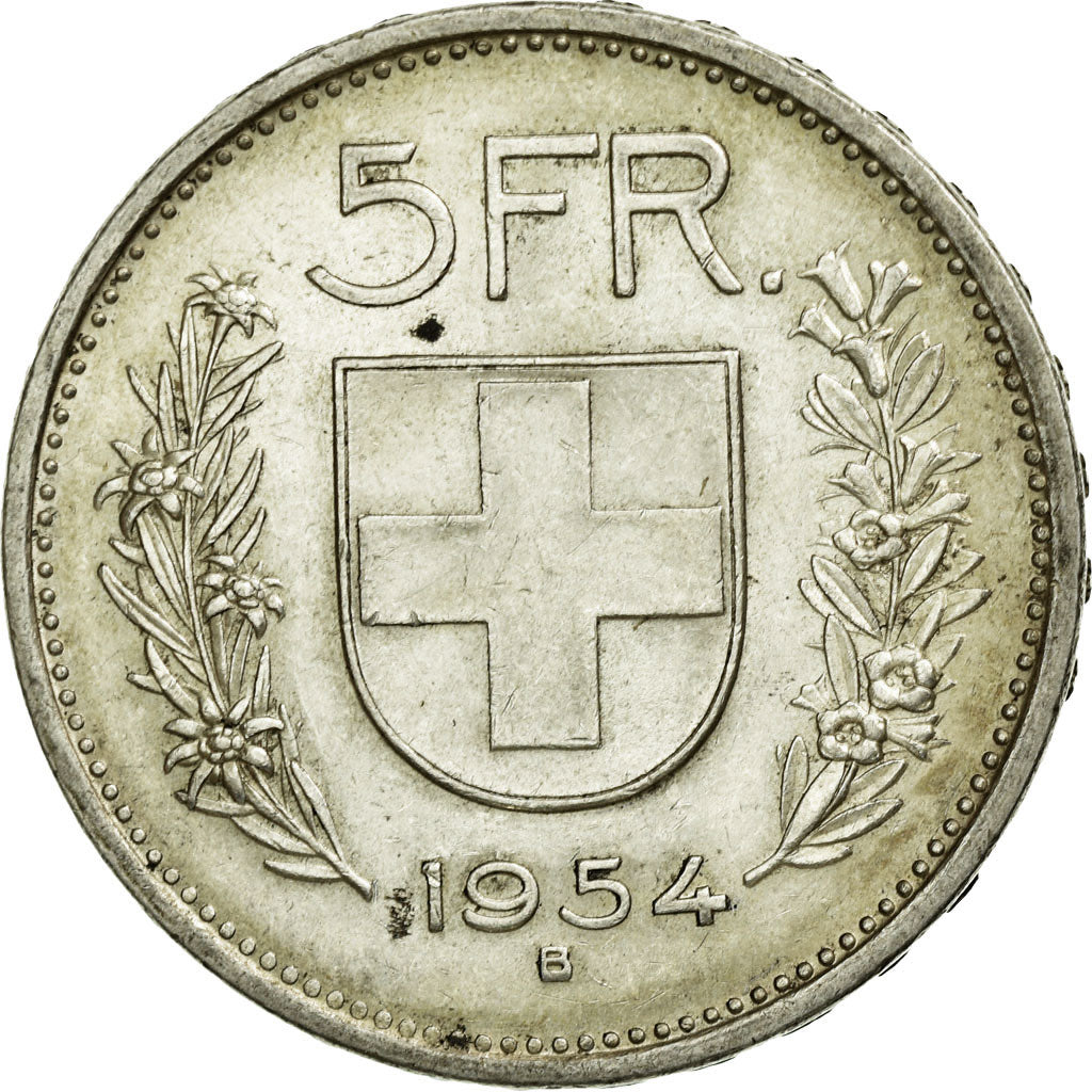 Coin, Switzerland, 5 Francs, 1954, Bern, AU(55-58), Silver, KM:40
