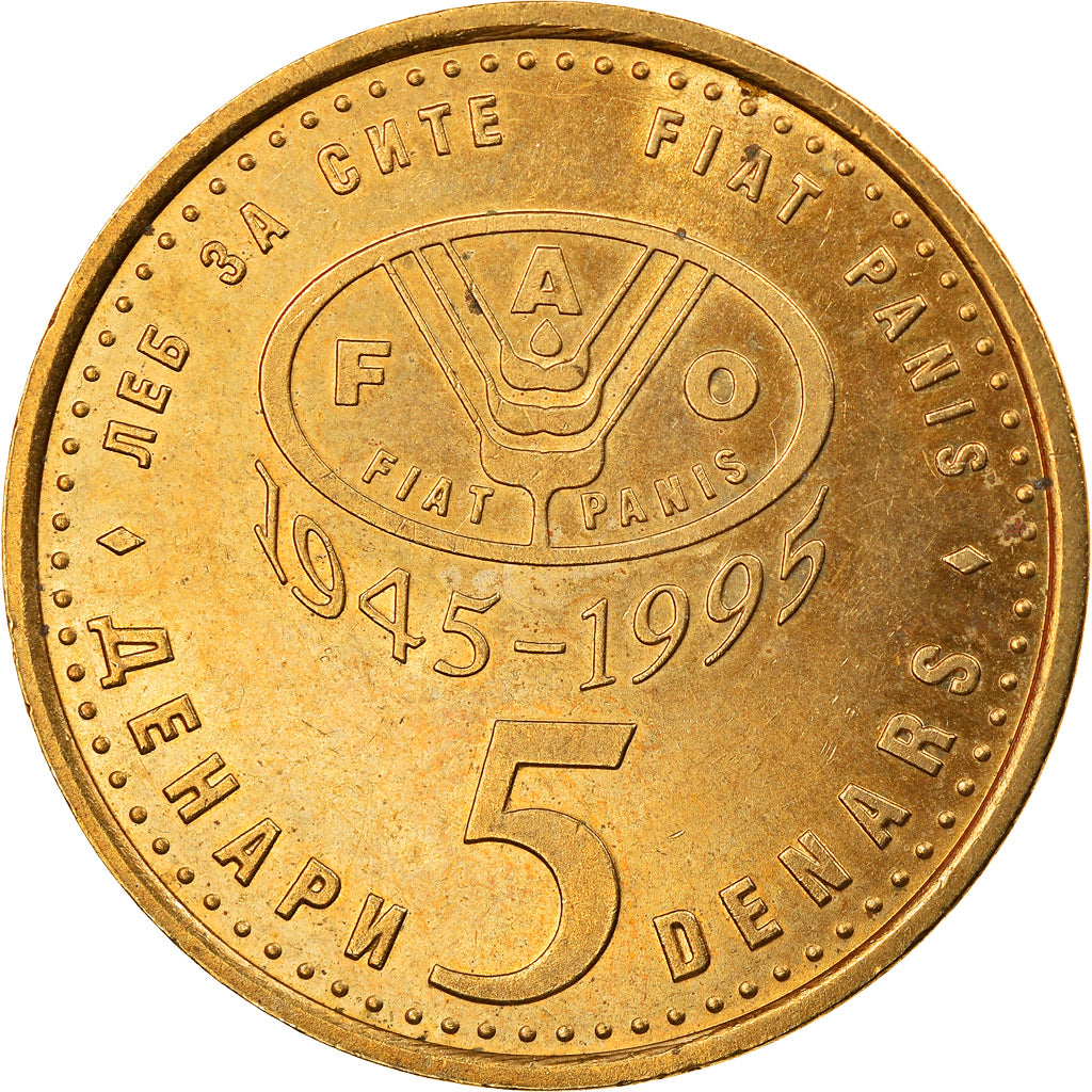 Moneda, Macedonia, 5 Denari, 1995, MBC, Latón, KM:7