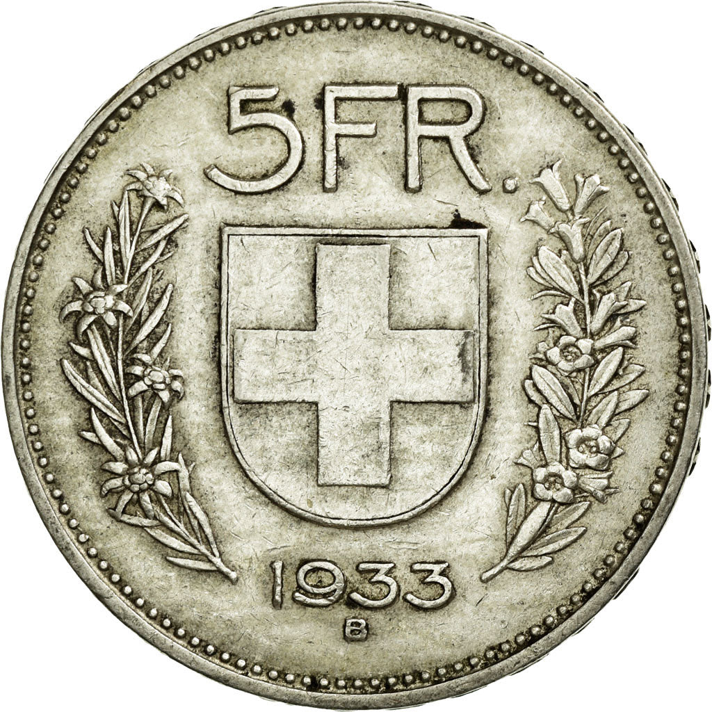 Coin, Switzerland, 5 Francs, 1933, Bern, AU(50-53), Silver, KM:40