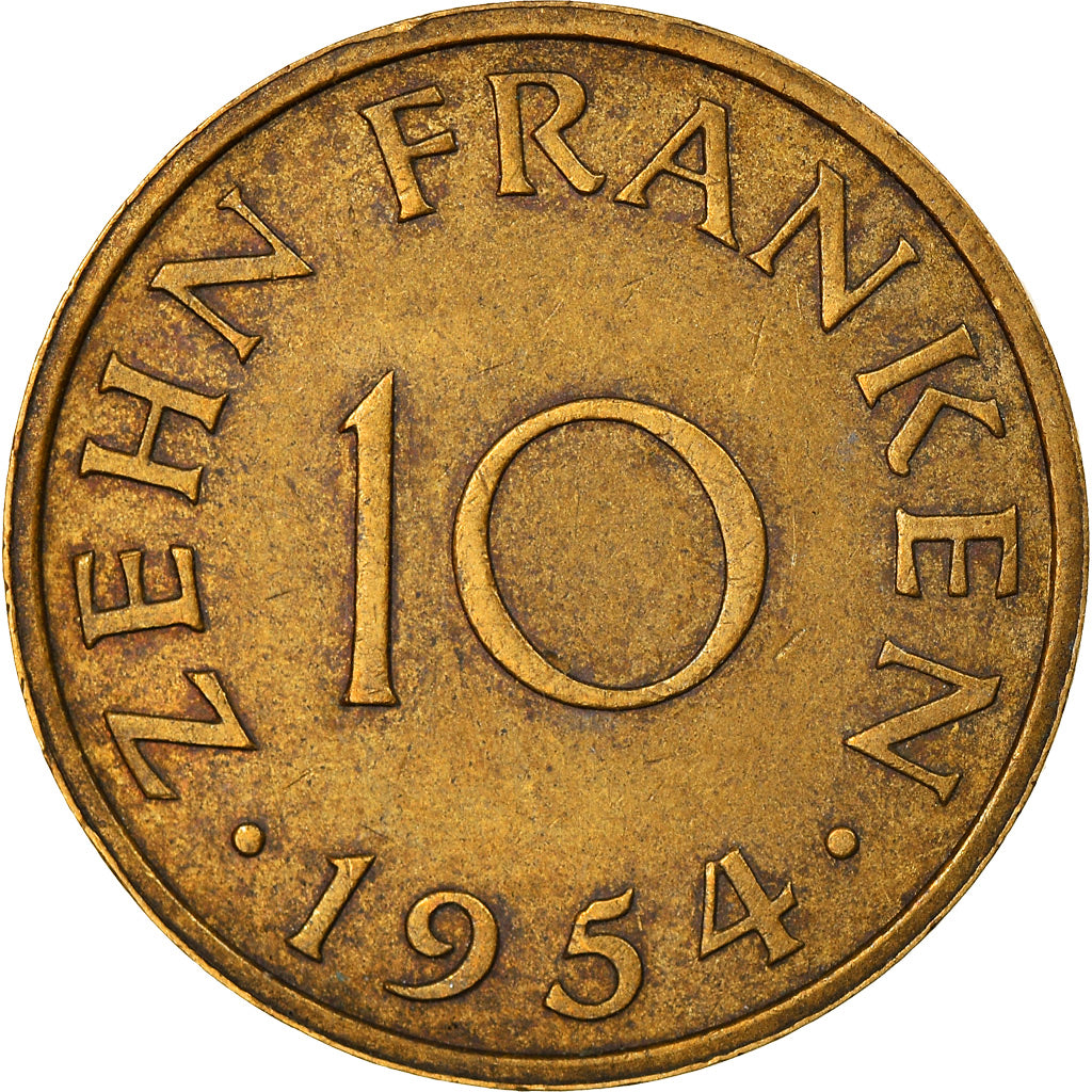 Coin, SAARLAND, 10 Franken, 1954, Paris, VF(30-35), Aluminum-Bronze, KM:1