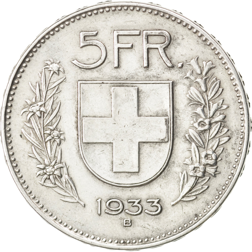 SWITZERLAND, 5 Francs, 1933, Bern, KM #40, AU(50-53), Silver, 31.45, 14.95