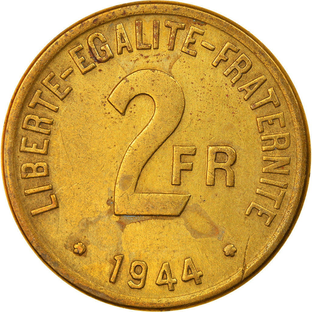 Coin, France, France Libre, 2 Francs, 1944, Philadelphia, VF(30-35), Brass