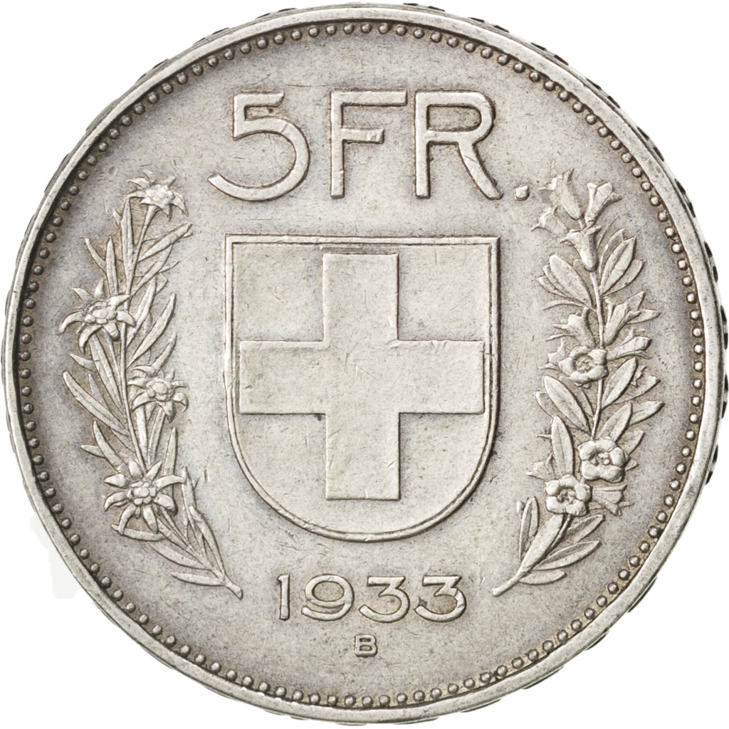 SWITZERLAND, 5 Francs, 1933, Bern, KM #40, AU(50-53), Silver, 31.45, 15.01