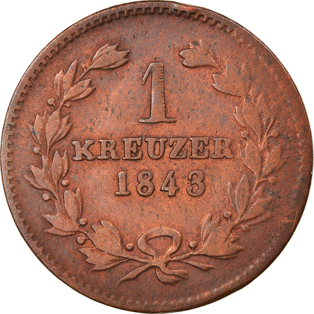 Münze, Deutsch Staaten, BADEN, Leopold I, Kreuzer, 1843, S+, Kupfer, KM:203