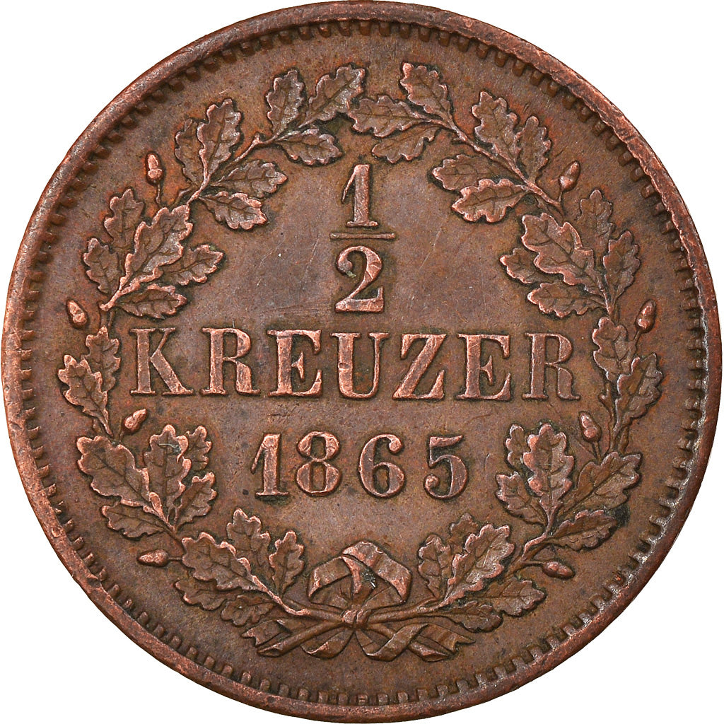 Coin, German States, BADEN, Friedrich I, 1/2 Kreuzer, 1865, VF(30-35), Copper