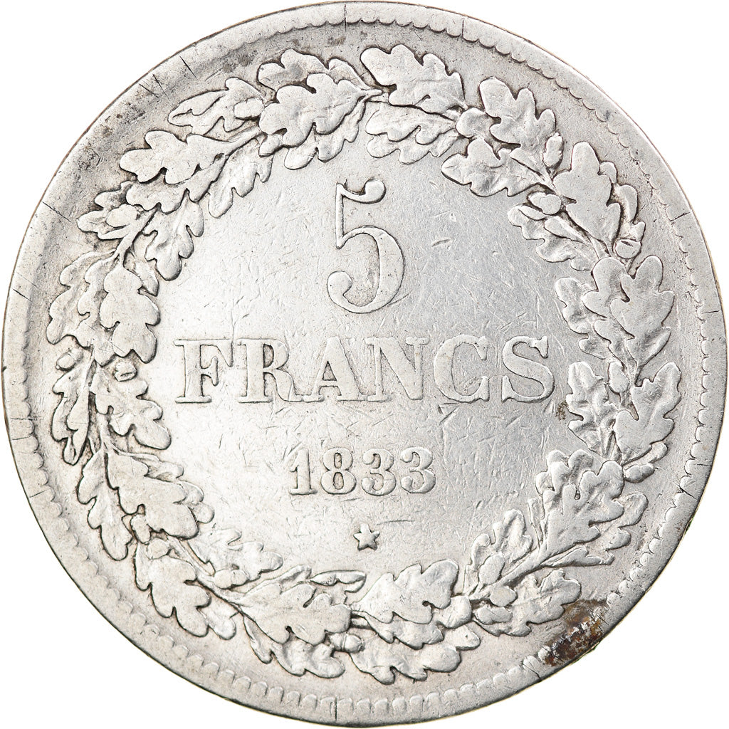 Münze, Belgien, Leopold I, 5 Francs, 5 Frank, 1833, S+, Silber, KM:3.1