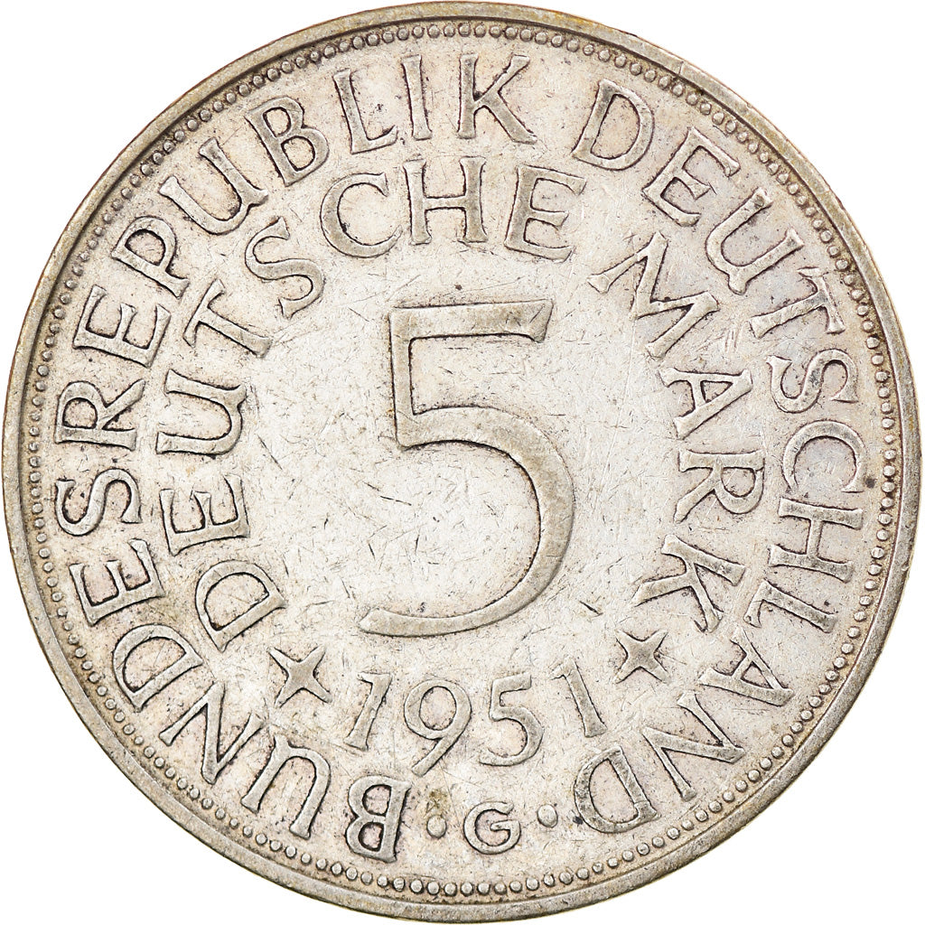 Moneta, GERMANIA - REPUBBLICA FEDERALE, 5 Mark, 1951, Karlsruhe, MB+, Argento