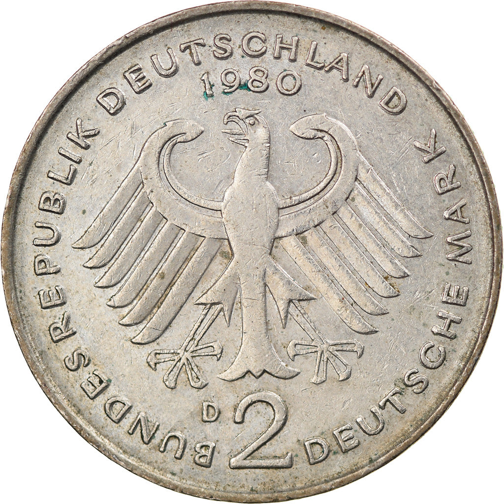 Coin, GERMANY - FEDERAL REPUBLIC, 2 Mark, 1980, Munich, VF(30-35), Copper-Nickel