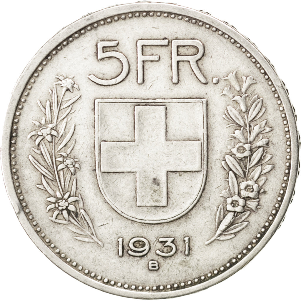 SWITZERLAND, 5 Francs, 1931, Bern, KM #40, AU(50-53), Silver, 31.45, 14.93