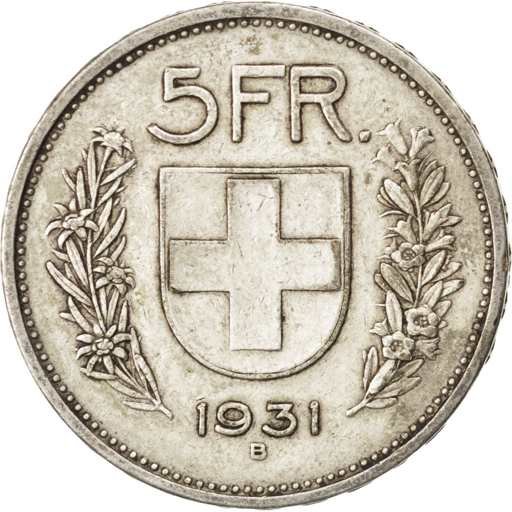 SWITZERLAND, 5 Francs, 1931, Bern, KM #40, AU(50-53), Silver, 31.45, 14.92