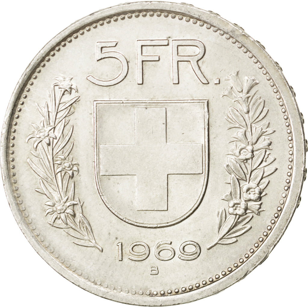 SWITZERLAND, 5 Francs, 1969, Bern, KM #40, AU(55-58), Silver, 31.45, 14.95