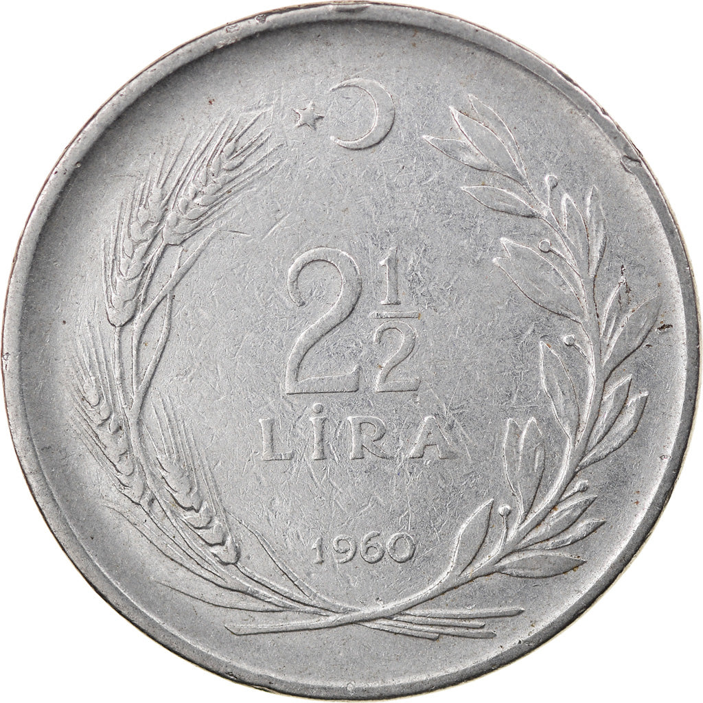 Moneta, Turcja, 2-1/2 Lira, 1960, VF(30-35), Stal nierdzewna, KM:893.1