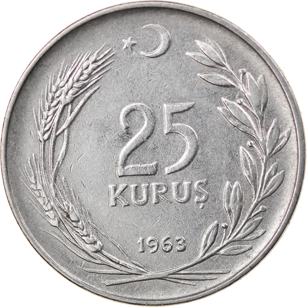 Moneta, Turcja, 25 Kurus, 1963, VF(30-35), Stal nierdzewna, KM:892.2
