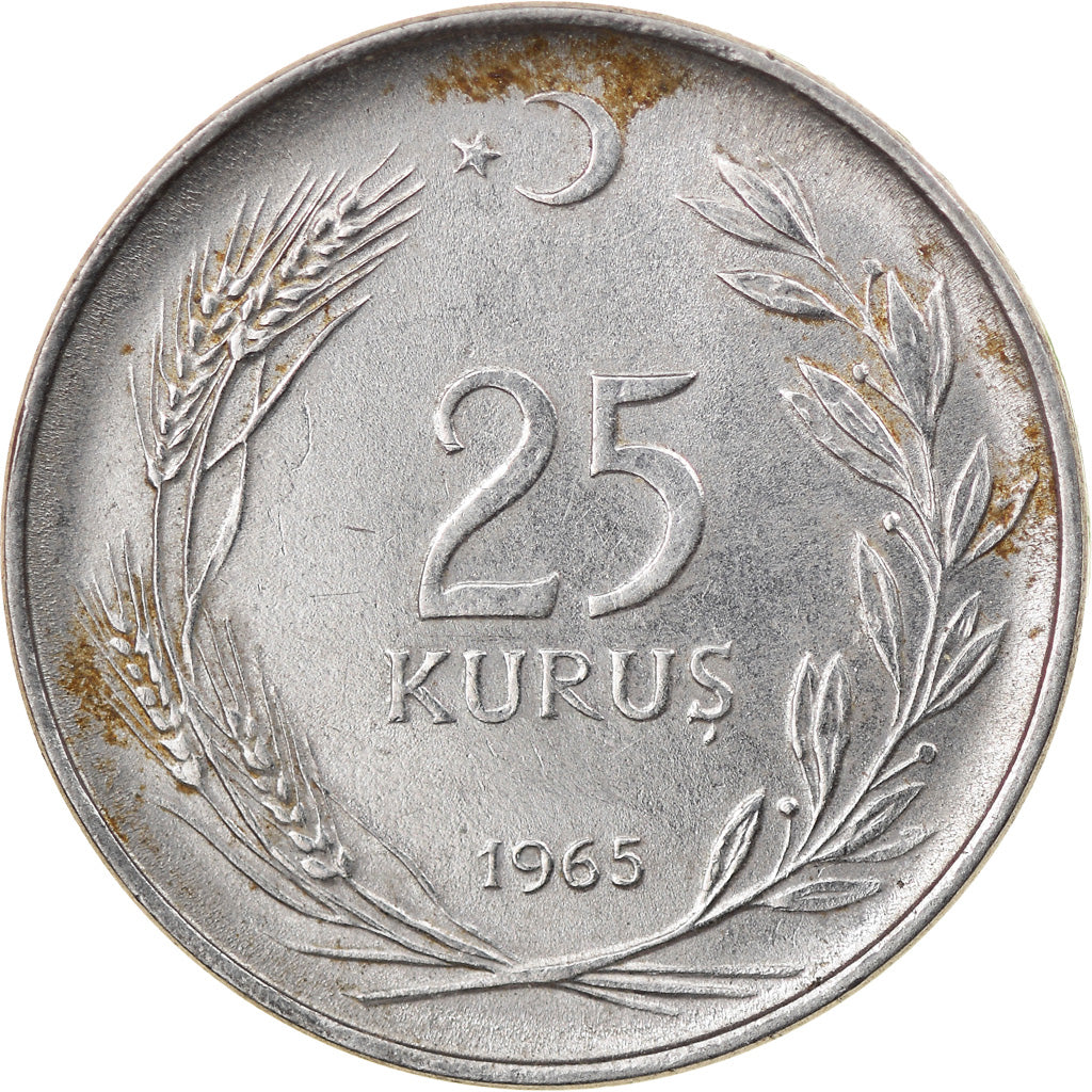 Moneta, Turcja, 25 Kurus, 1965, VF(30-35), Stal nierdzewna, KM:892.2