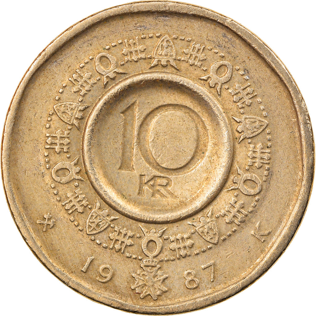 Coin, Norway, Olav V, 10 Kroner, 1987, VF(30-35), Nickel-brass, KM:427