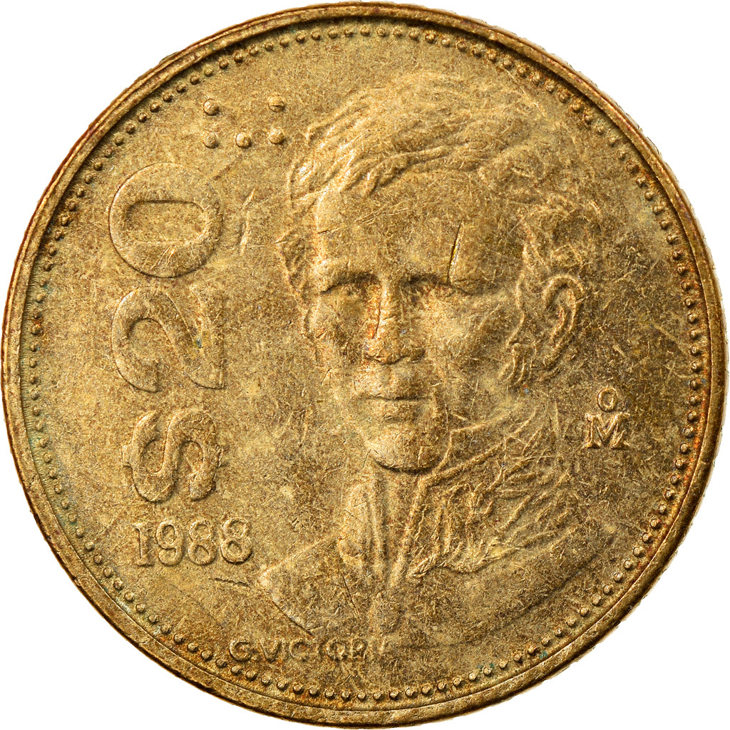 Moneta, Mexico, 20 Pesos, 1988, Mexico City, VF(20-25), Mosiądz, KM:508