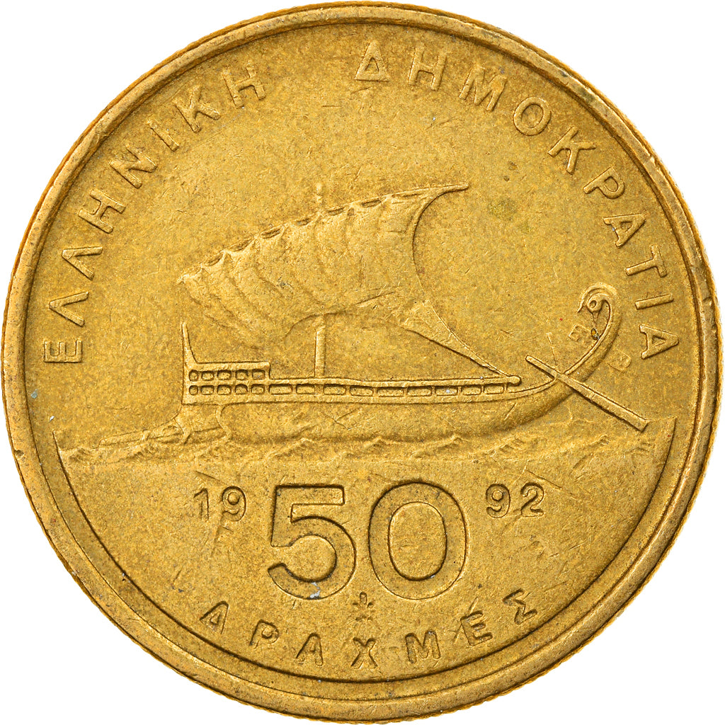 Coin, Greece, 50 Drachmes, 1992, VF(30-35), Aluminum-Bronze, KM:147