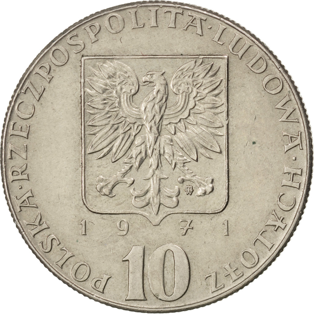 POLAND, 10 Zlotych, 1971, Warsaw, KM #63, AU(55-58), Copper-Nickel, 28, 9.51