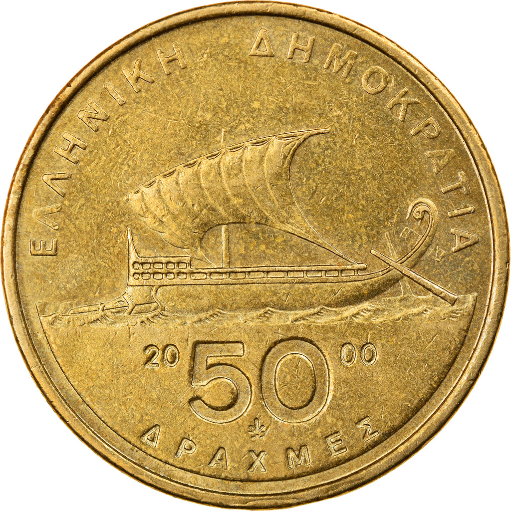 Moneda, Grecia, 50 Drachmes, 2000, BC+, Aluminio - bronce, KM:147