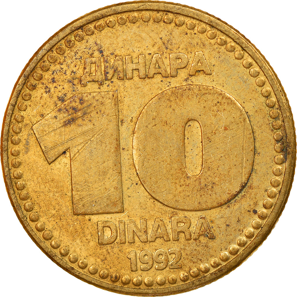 Coin, Yugoslavia, 10 Dinara, 1992, VF(20-25), Copper-Nickel-Zinc, KM:152
