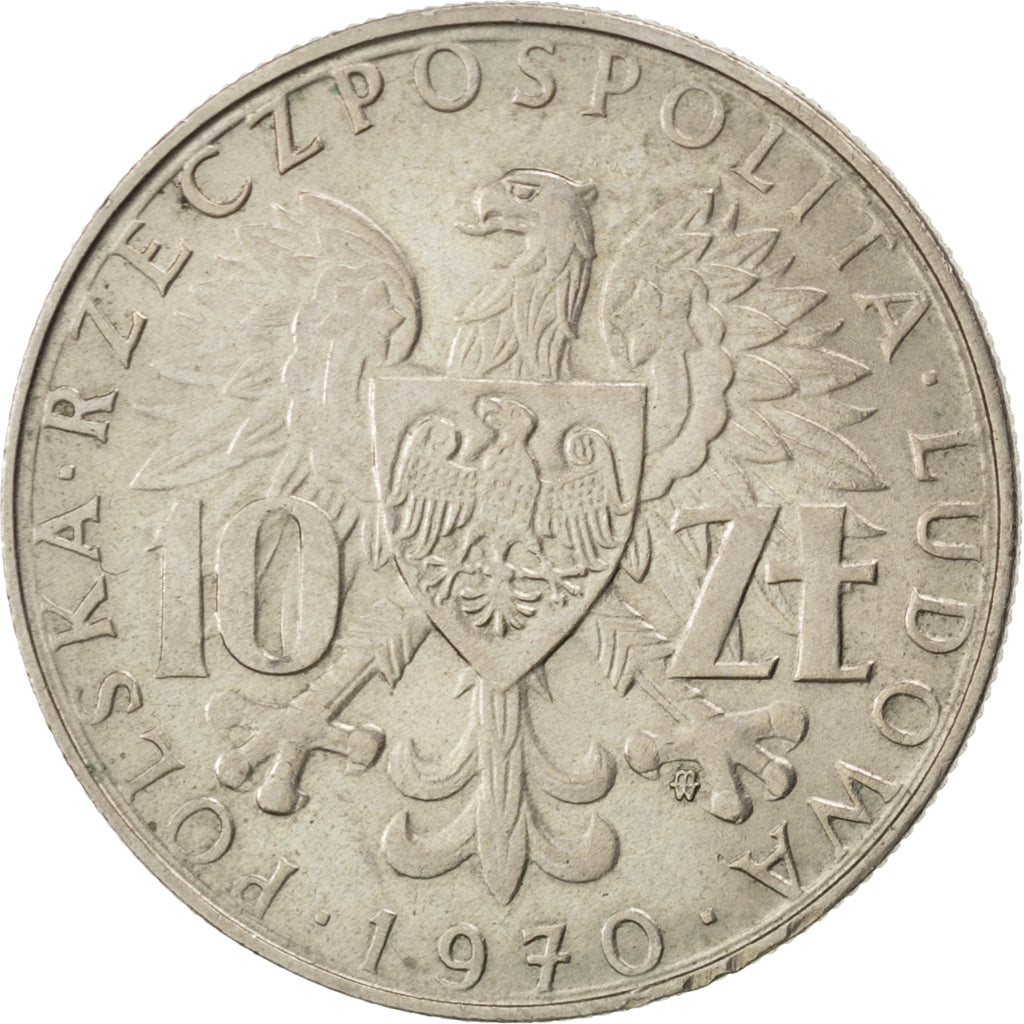 POLAND, 10 Zlotych, 1970, Warsaw, KM #62, AU(55-58), Copper-Nickel, 28, 9.42