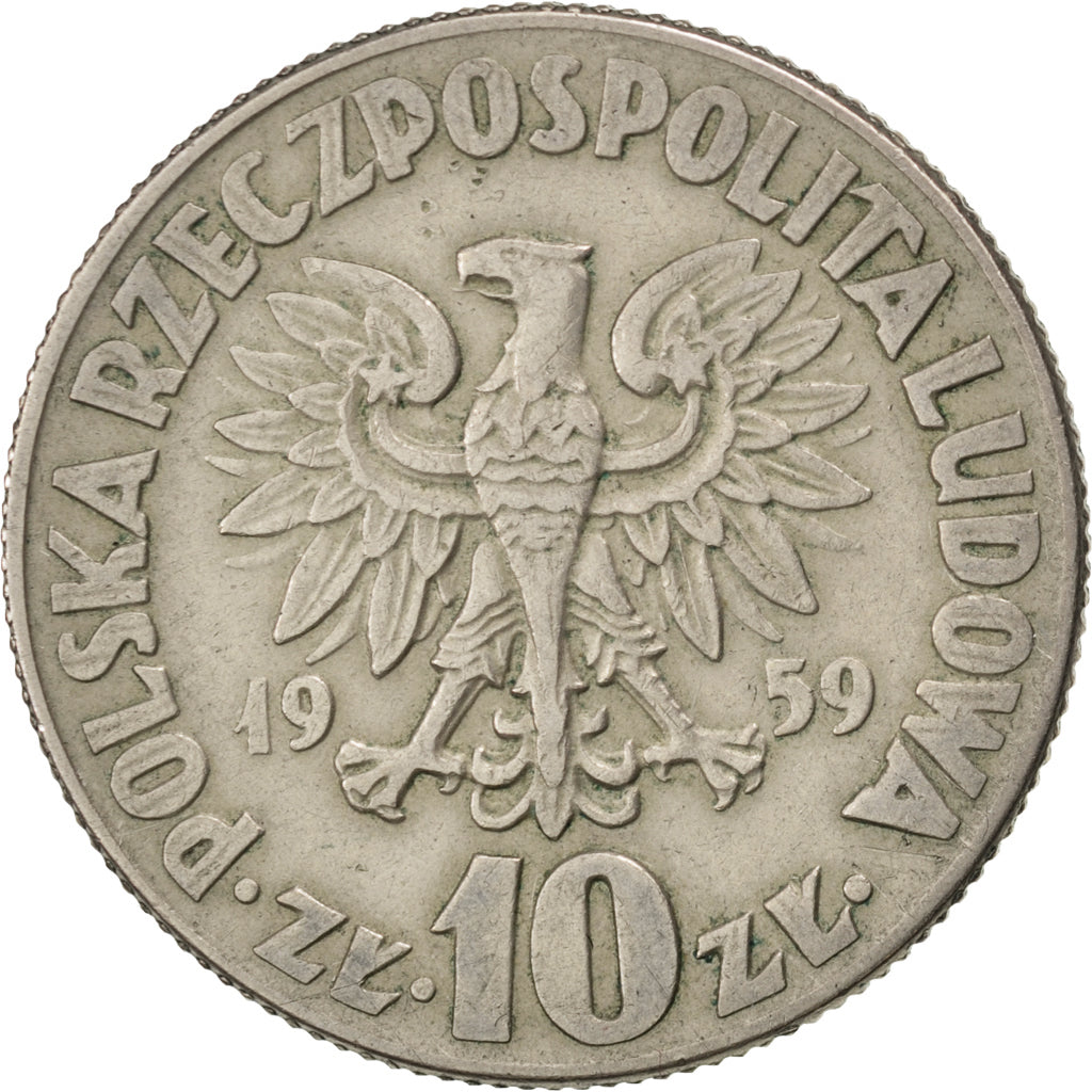 POLAND, 10 Zlotych, 1959, Warsaw, KM #51, AU(50-53), Copper-Nickel, 31, 12.95