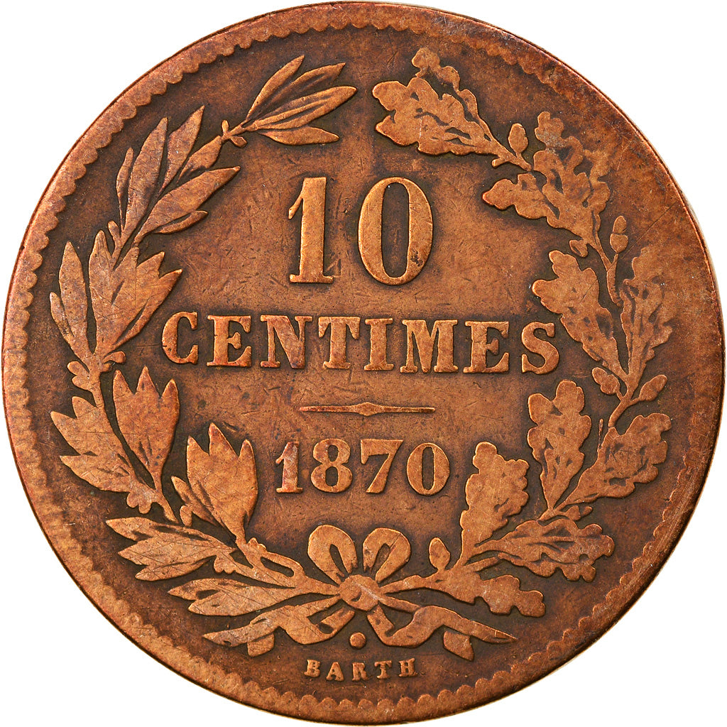 Coin, Luxembourg, William III, 10 Centimes, 1870, Utrecht, VF(30-35), Bronze