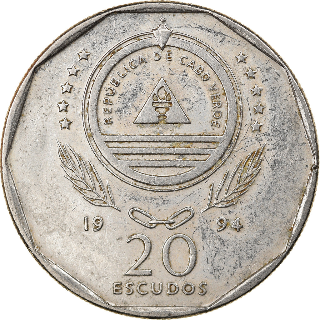 Moeda, Cabo Verde, 20 Escudos, 1994, VF(30-35), Aço Niquelado, KM:33