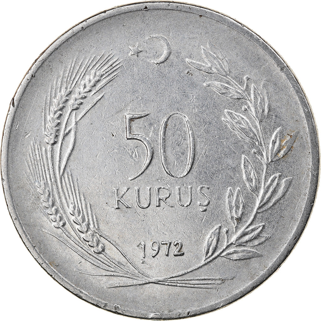 Moneta, Turcja, 50 Kurus, 1972, VF(30-35), Stal nierdzewna, KM:899