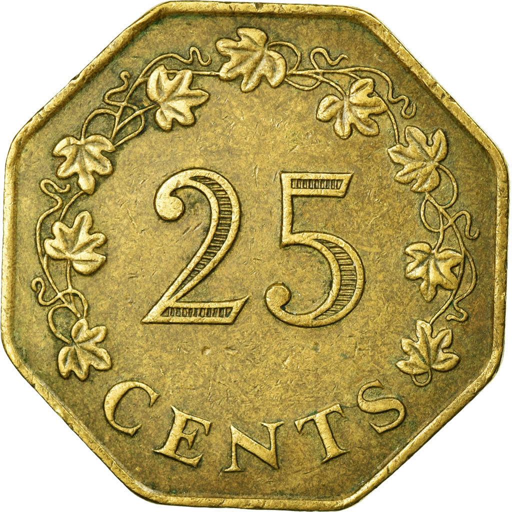 Coin, Malta, 25 Cents, 1975, EF(40-45), Brass, KM:29