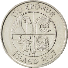 ICELAND, 10 Kronur, 1987, KM #29.1, AU(55-58), Copper-Nickel, 27.5, 7.92