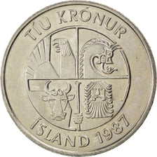 ICELAND, 10 Kronur, 1987, KM #29.1, AU(55-58), Copper-Nickel, 27.5, 8.07