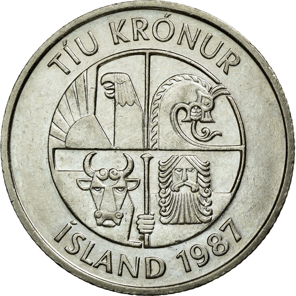Coin, Iceland, 10 Kronur, 1987, AU(55-58), Copper-nickel, KM:29.1