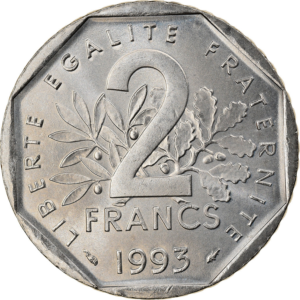 Moneta, Francja, Semeuse, 2 Francs, 1993, Paris, AU(55-58), Nikiel, KM:942.2