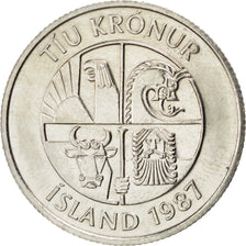 ICELAND, 10 Kronur, 1987, KM #29.1, MS(60-62), Copper-Nickel, 27.5, 7.98