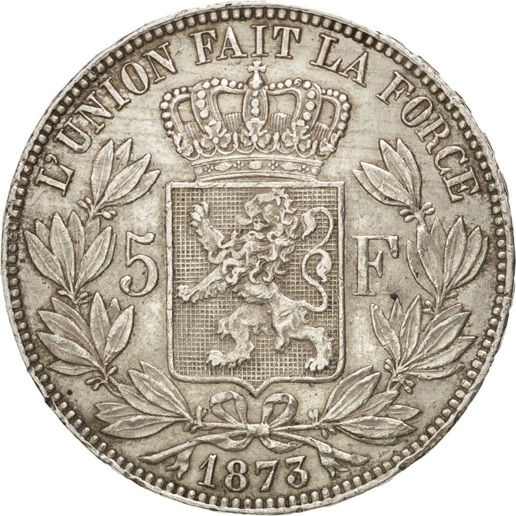 BELGIUM, 5 Francs, 5 Frank, 1873, KM #24, EF(40-45), Silver, 24.95