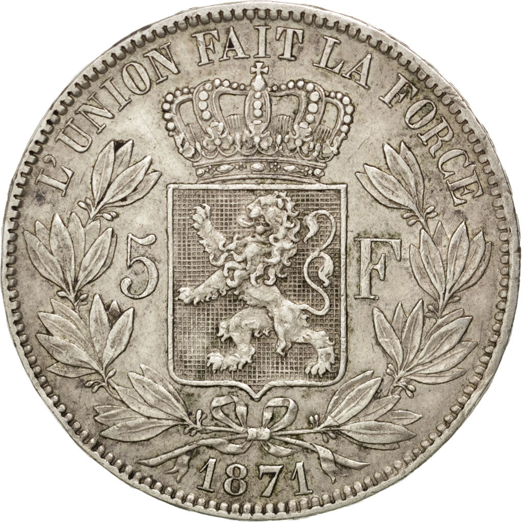 BELGIUM, 5 Francs, 5 Frank, 1871, KM #24, EF(40-45), Silver, 25.01