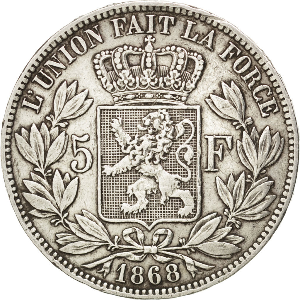 BELGIUM, 5 Francs, 5 Frank, 1868, KM #24, VF(30-35), Silver, 24.84