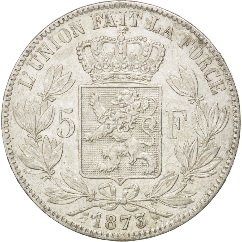 BELGIUM, 5 Francs, 5 Frank, 1873, KM #24, AU(50-53), Silver, 24.84